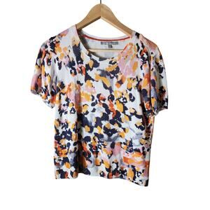 DANIEL RAINN Orange Blue Peach Artsy Print Crew Ribbed Cuffs Hem Top SZ M